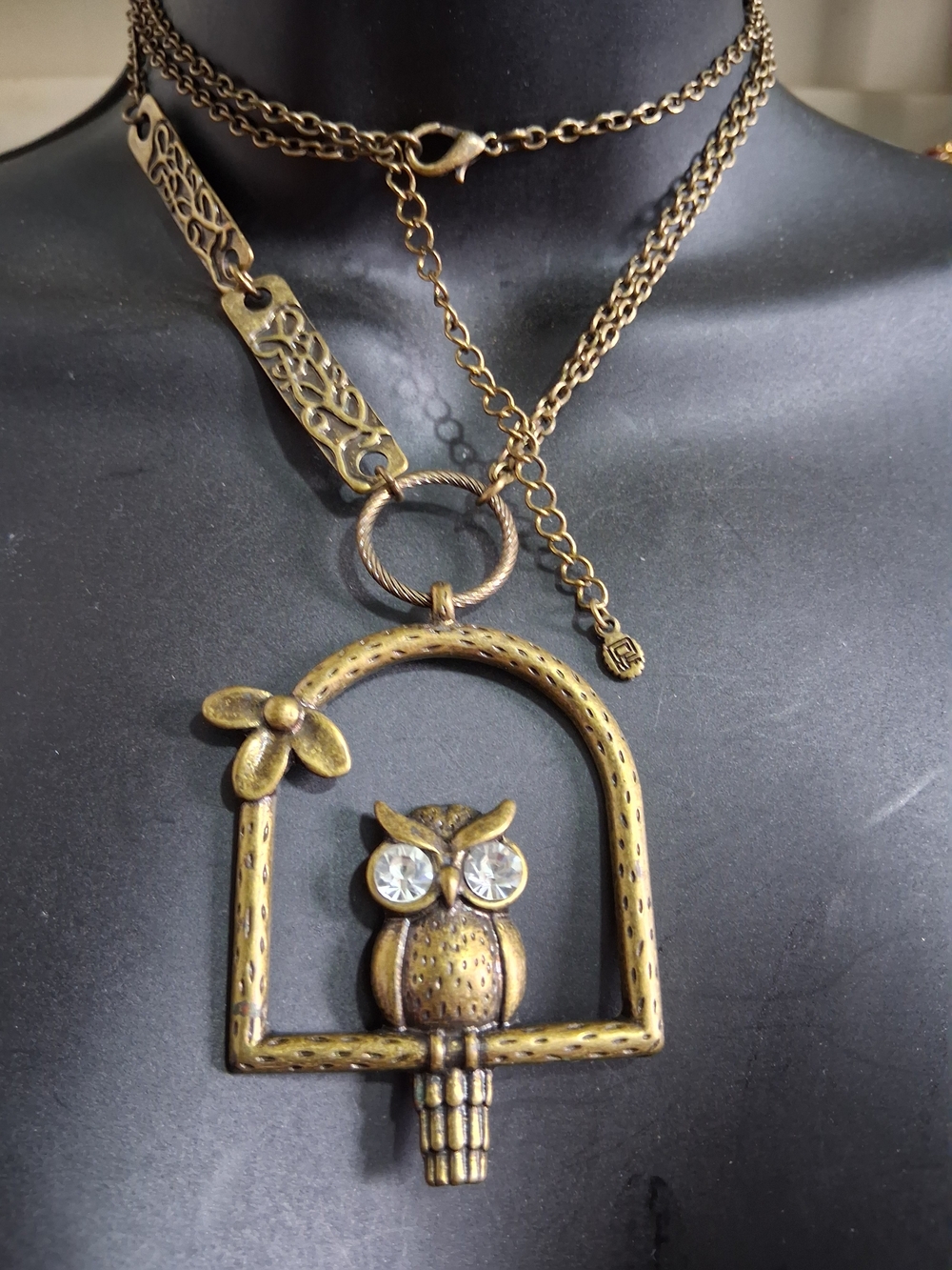 VTG Unica Antique Bronze Rhinestone Owl Pendant Statement Necklace Boho Retro